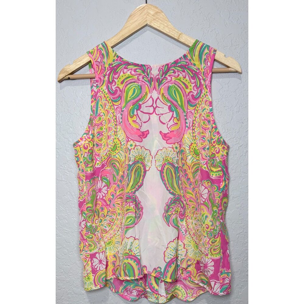 Lilly Pulitzer Silk Tank Top M Pink Paisley Floral Button Back Preppy Resort